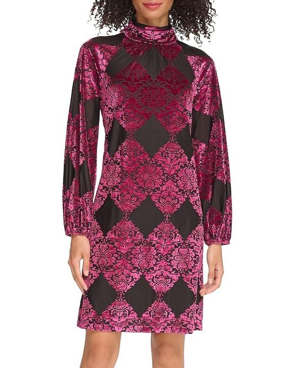 Vince Camuto Dresses & Skirts - Vince Camuto Magenta Burnout Velvet Mock Neck Balloon Sleeve Mini Dress 16 NWT